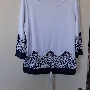 Women’s White Scoop Neck Top with Black Floral Border
